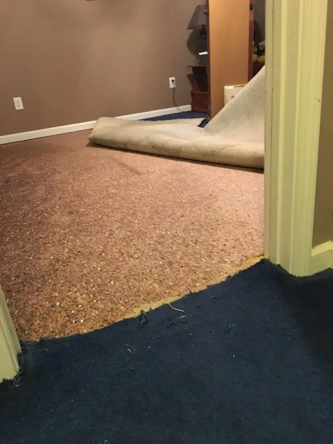 Carpet pad removal revealing water damage during Drying & Dehumidification in Larkspur